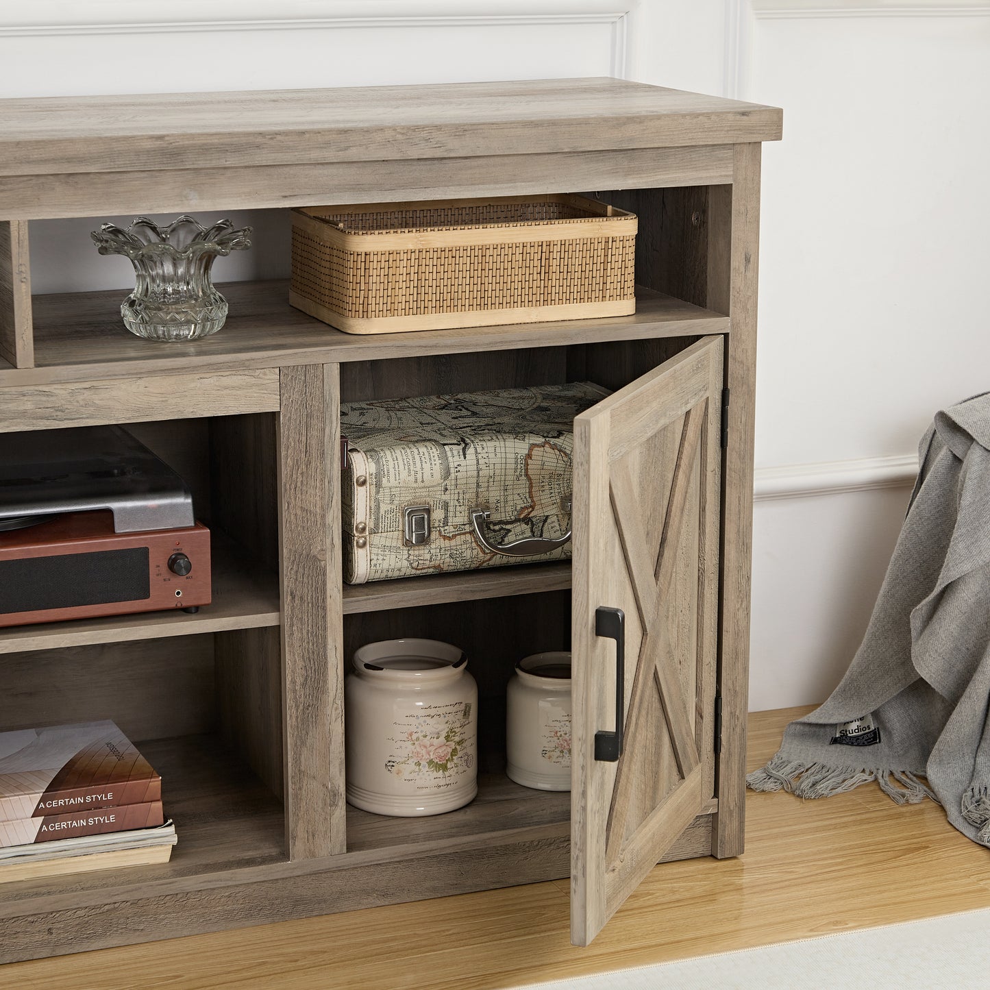 Farmhouse Barn Door TV Media Stand Modern Entertainment Console For TV Up To 65 With Open And Closed Storage Space, Gray Wash, L57.87xW15.75xH30.31