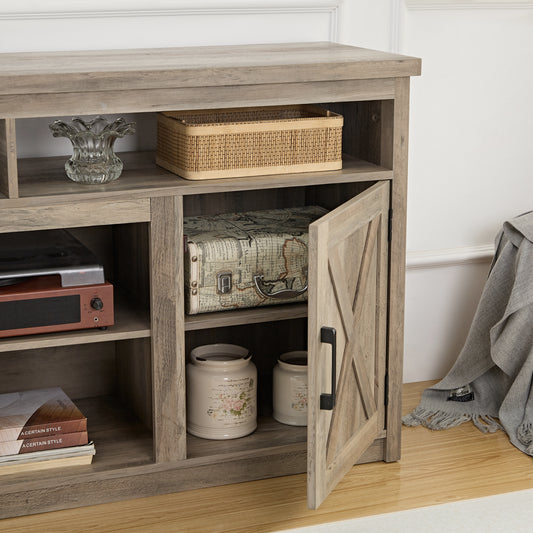 Farmhouse Barn Door TV Media Stand Modern Entertainment Console For TV Up To 65 With Open And Closed Storage Space, Gray Wash, L57.87xW15.75xH30.31