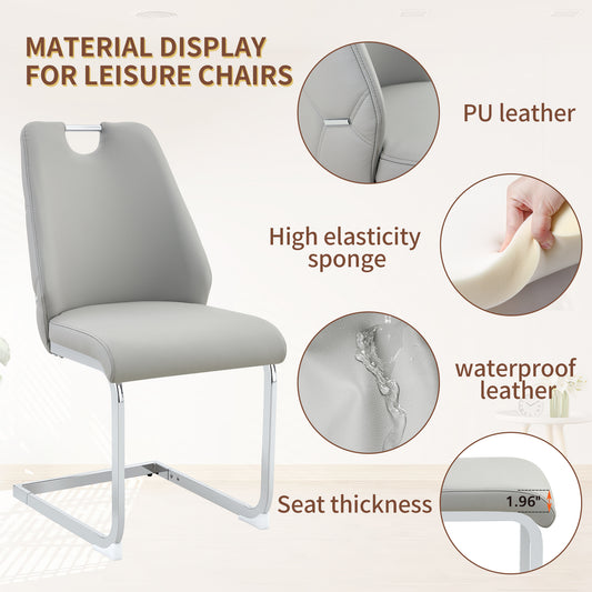 Dining Chairs Set Of 4, Light Gray Faux Leather Kitchen Chairs With Gold Mesh Texture, Silver Back Ring And Chrome Pull Handle, High Back Upholstered Dining Room Chair Light Gray, Set Of 4