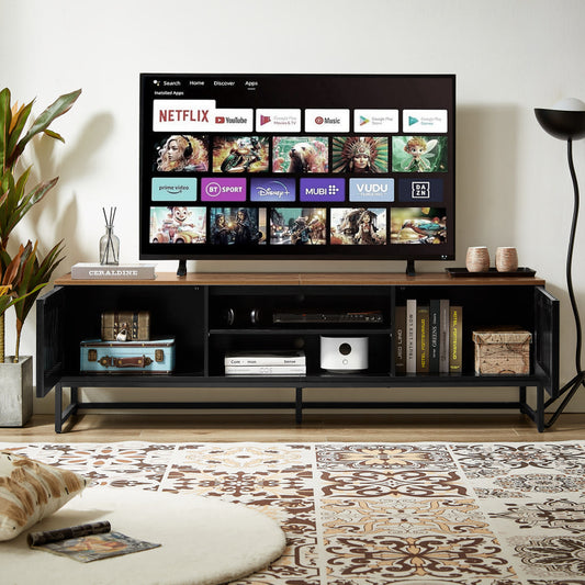 63 Inch Mid Century Modern TV Stand With Slatted Grille Striped Doors, TV Stand With Storage, Entertainment Center For Living Room Bedroom, TV Media Console