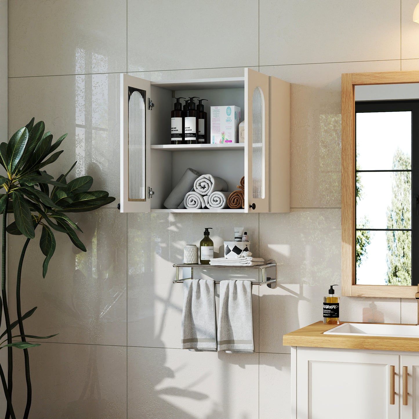Wall Cabinet,Arched Glass Door Display Wall Mounted Cabinet, Floating Cabinet With Inadjustable Shelves For Kitchen,Bathroom,Living Room
