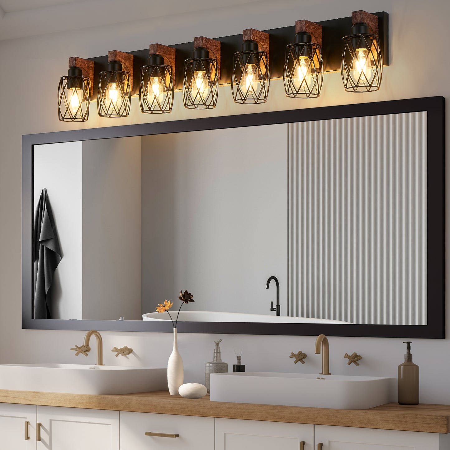 Industrial Vintage 7-Light Wall Sconce - Black Cage Wall Lighting Fixture With Wooden Accents For Bathroom, Hallway, Or Living Room Bulb Not Included