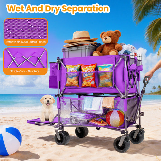 55 Heavy Duty Double- Layer Wagon With Brakes 560LBS Double Decker Wagon 650L Collapsible Wagons Carts With 7 X4 All- Terrain Wheels For Sports Camping Fishing Transport Purple