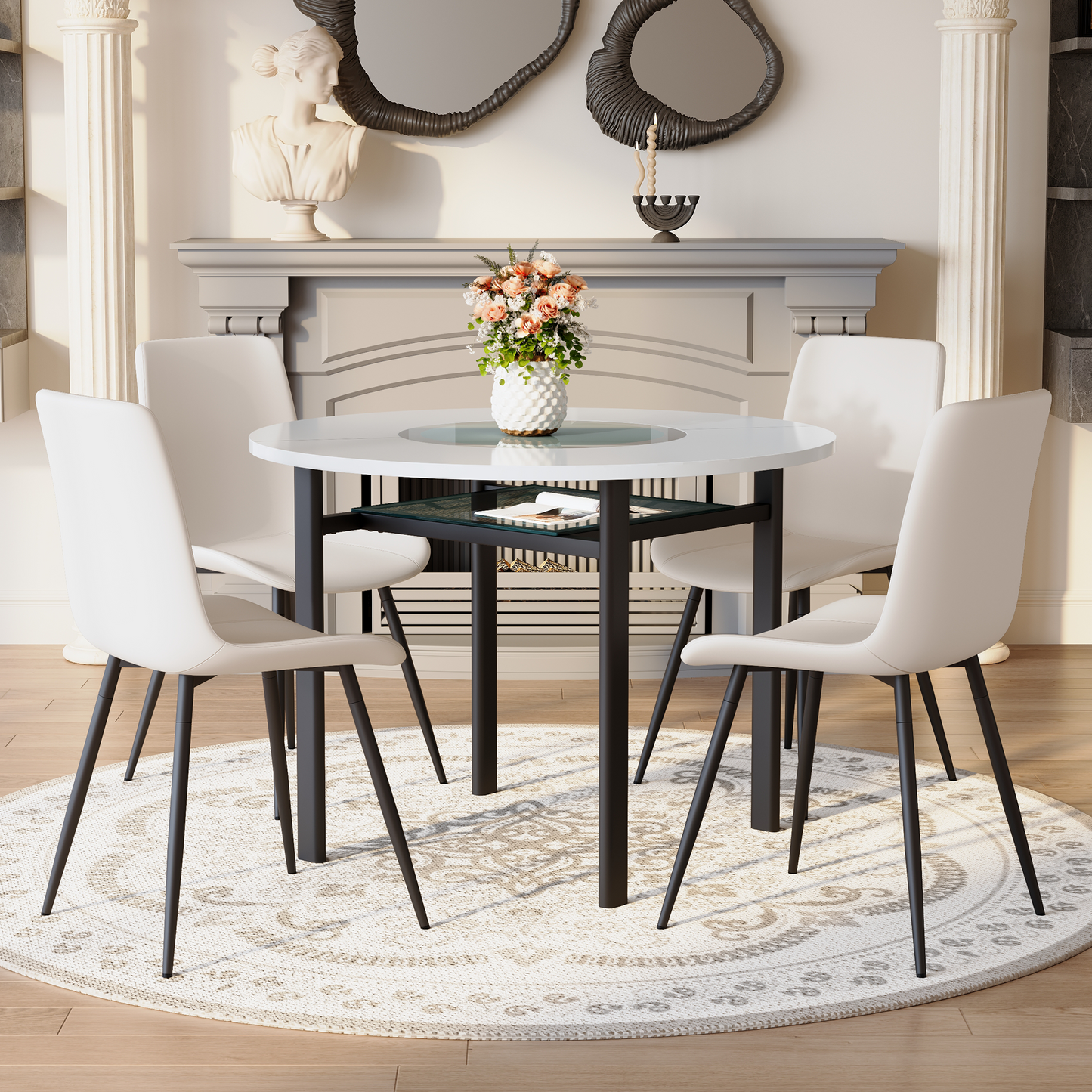 Table And Chair Set.42 Inch Modern Minimalist White Desktop Round Dining Table Set.Paired With 4 White Artificial PU Chairs With Curved Widened Cushion Design.Suitable For Dining Rooms,office,etc.