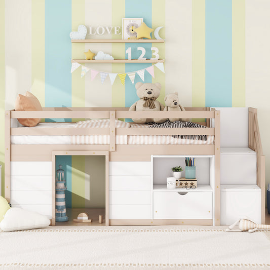 SOLID WOOD TWIN SIZE LOW LOFT BED WITH STAIR, DRAWER, AND SHELF FOR CREAM WHITE COLOR