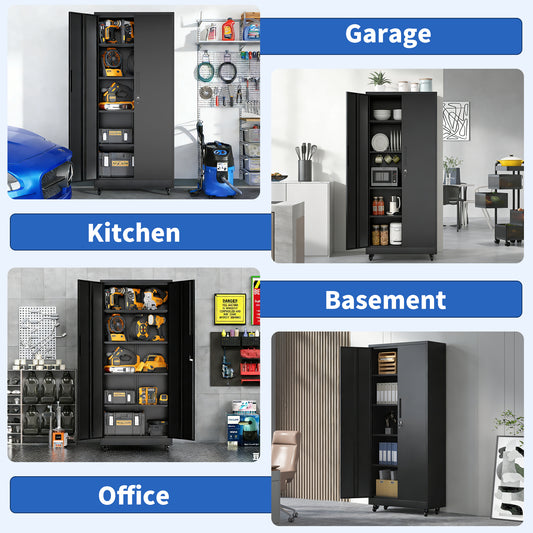71H Metal Garage Storage Cabinet With Wheels And Lock, Heavy Duty Rolling Metal Cabinet, 4 Adjustable Shelves 180lb Each , 3-Point Locking Security, For Tool Organization In Garage, Workshop, Office