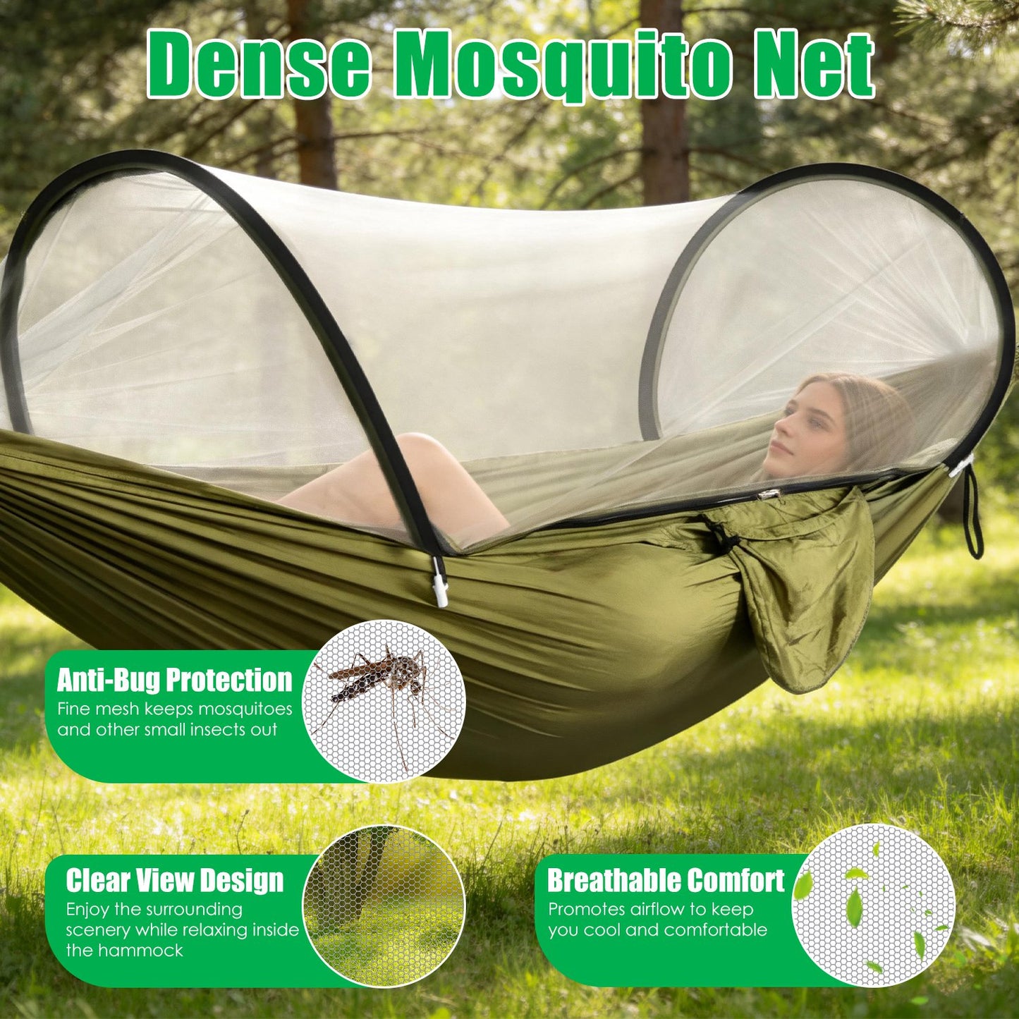 1Pc Camping Hammock With Mosquito Net Portable Hammock Tent With Built In Mosquito Net Dual Way Zippers 440lbs Capacity Attached Storage Pocket For Outdoor Travel Camping Hiking Backpacking