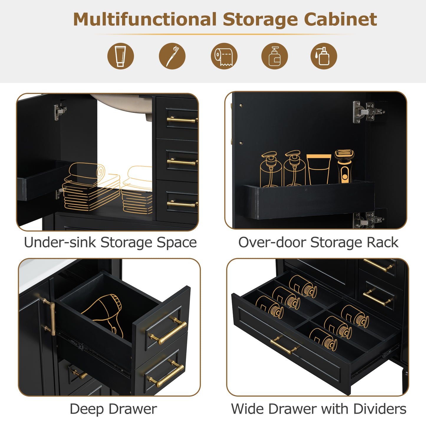 Traditional 30 Black Bathroom Vanity Set, Floor Standing, With Three Drawers, Soft Close Doors, With Long Gold Metal Handles - Perfect For Small Bathrooms