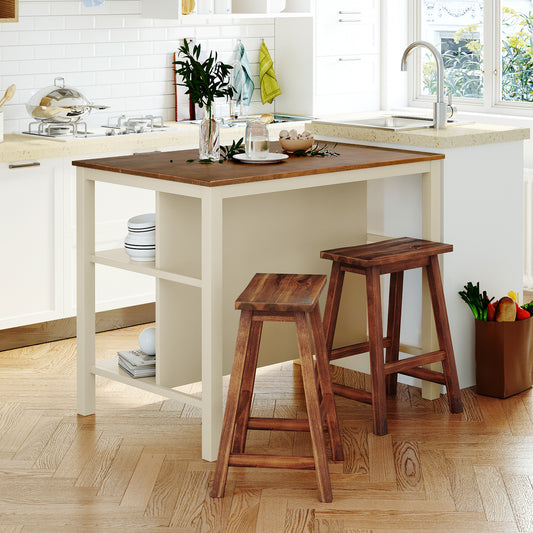 TOPMAx Solid Wood Rustic 3- Piece 45 Stationary Kitchen Island Set With 2 Seatings Rubber Wood Butcher Block Dining Table Set Prep Table Set With 2 Open Shelves For Small Places Walnut Cream White