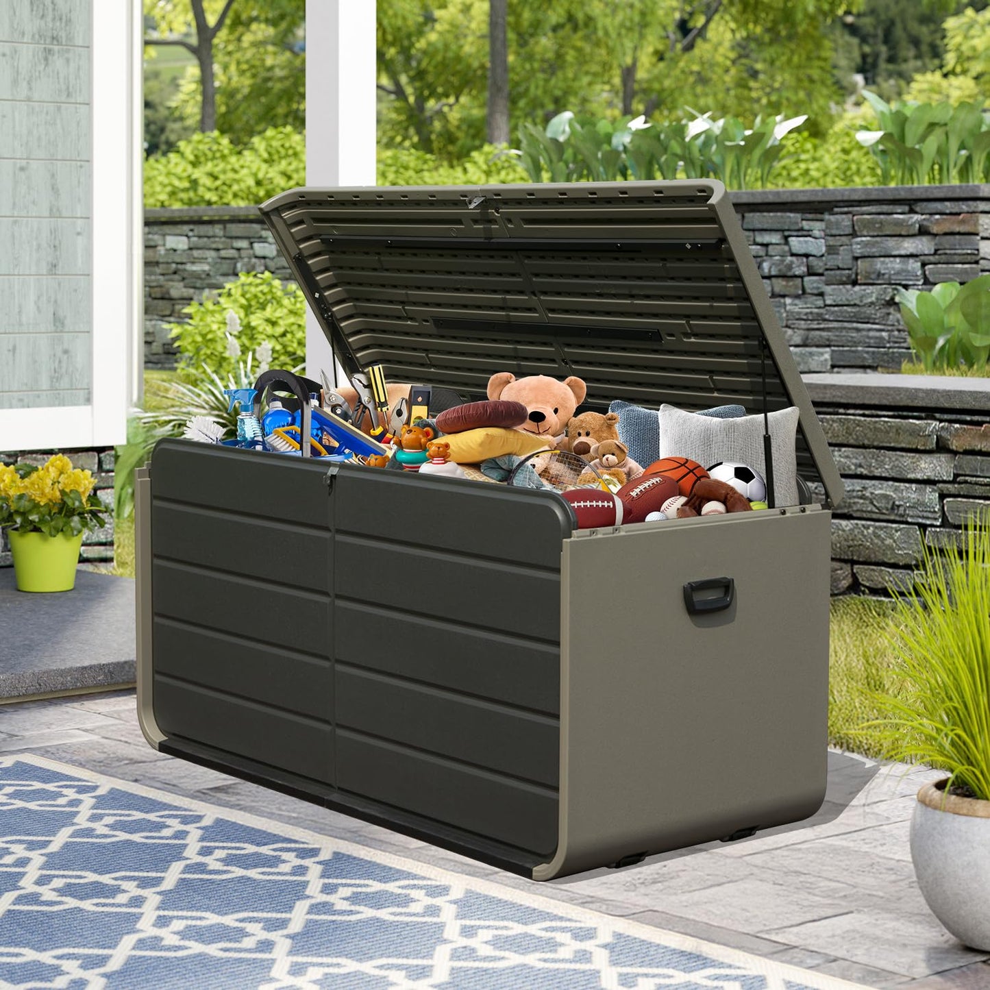 200 Gallon Plastic Deck Box, Large Patio Storage Box With Lock, Wheels & Waterproof Lid For Outdoor Cushions, Garden And Pool Supplies Gray