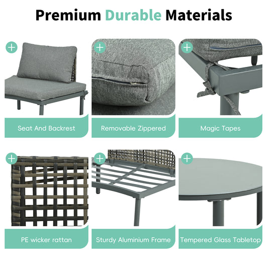TOPMAX 6-Piece Patio Sofa Furniture Set, Half Moon Outdoor Sectional Sofa With 2 High-Low Coffee Tables, PE Wicker Rattan, Tempered Glass, 4 Pillows & Cushions, For Backyard, Garden, Poolside,Gray