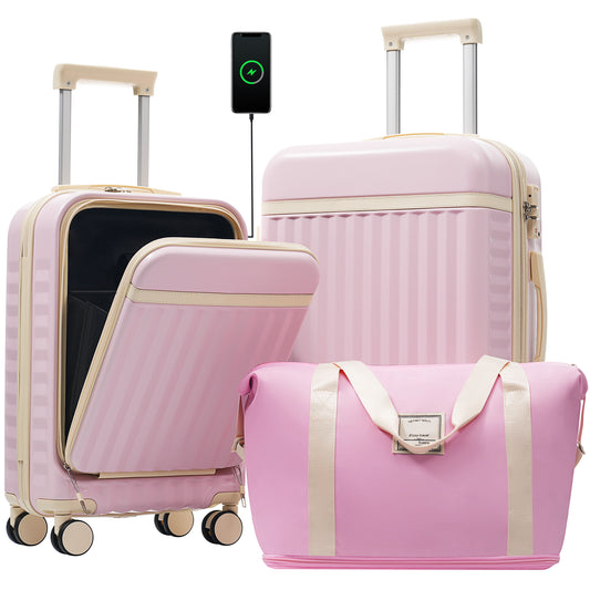 Front Opening Luggage Set 3 Piece, Hardside Carry On Suitcase With USB Port, Expandable Luggage With Handle Bag Spinner Wheels TSA Lock