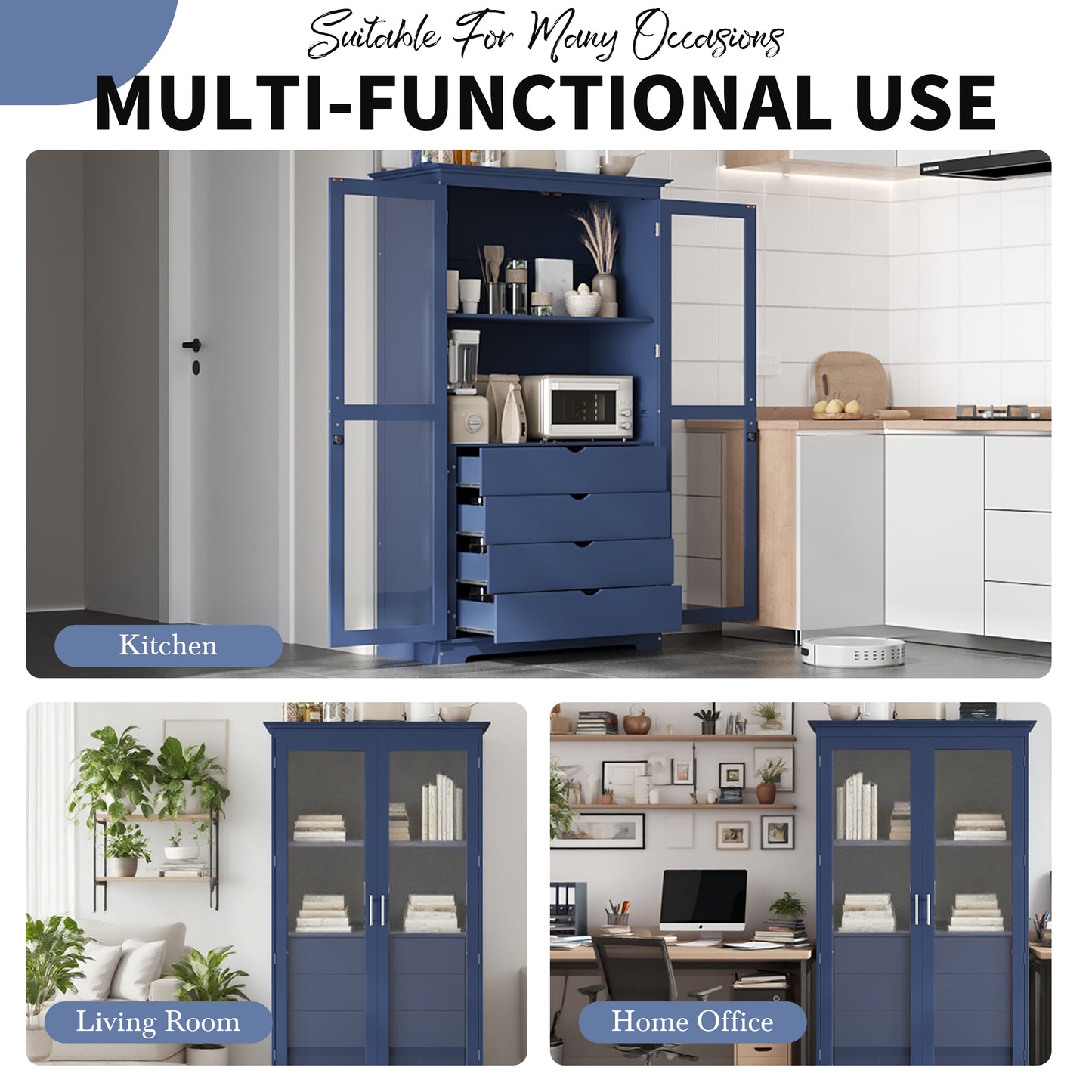 TOPMAx 44.7x20x75inch Kitchen Pantry Freestanding Kitchen Storage Cabinet Display Cabinet With Glass Doors And 4 Built- In Drawers For Living Room Home Office Blue