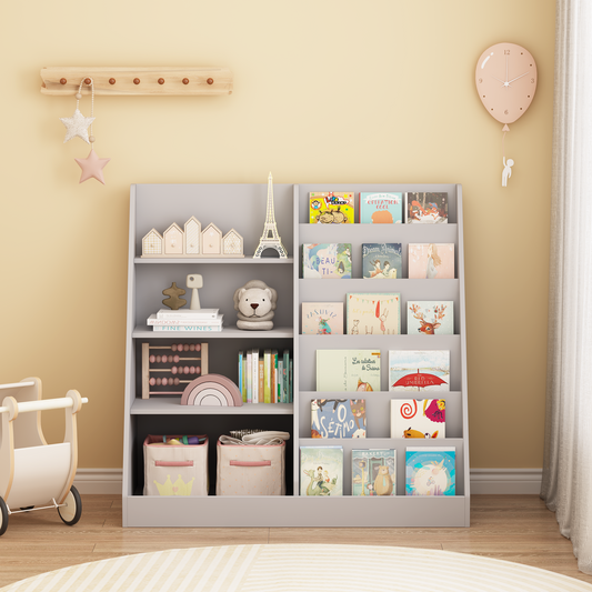 Kids Bookshelf And Toy Storage Organizer, Multifunctional 4 Tier Wooden Kids Book Shelf With Bookcase Display Stand In Kids Room Playroom Nursery For Kids, Children, Toddlers Gray