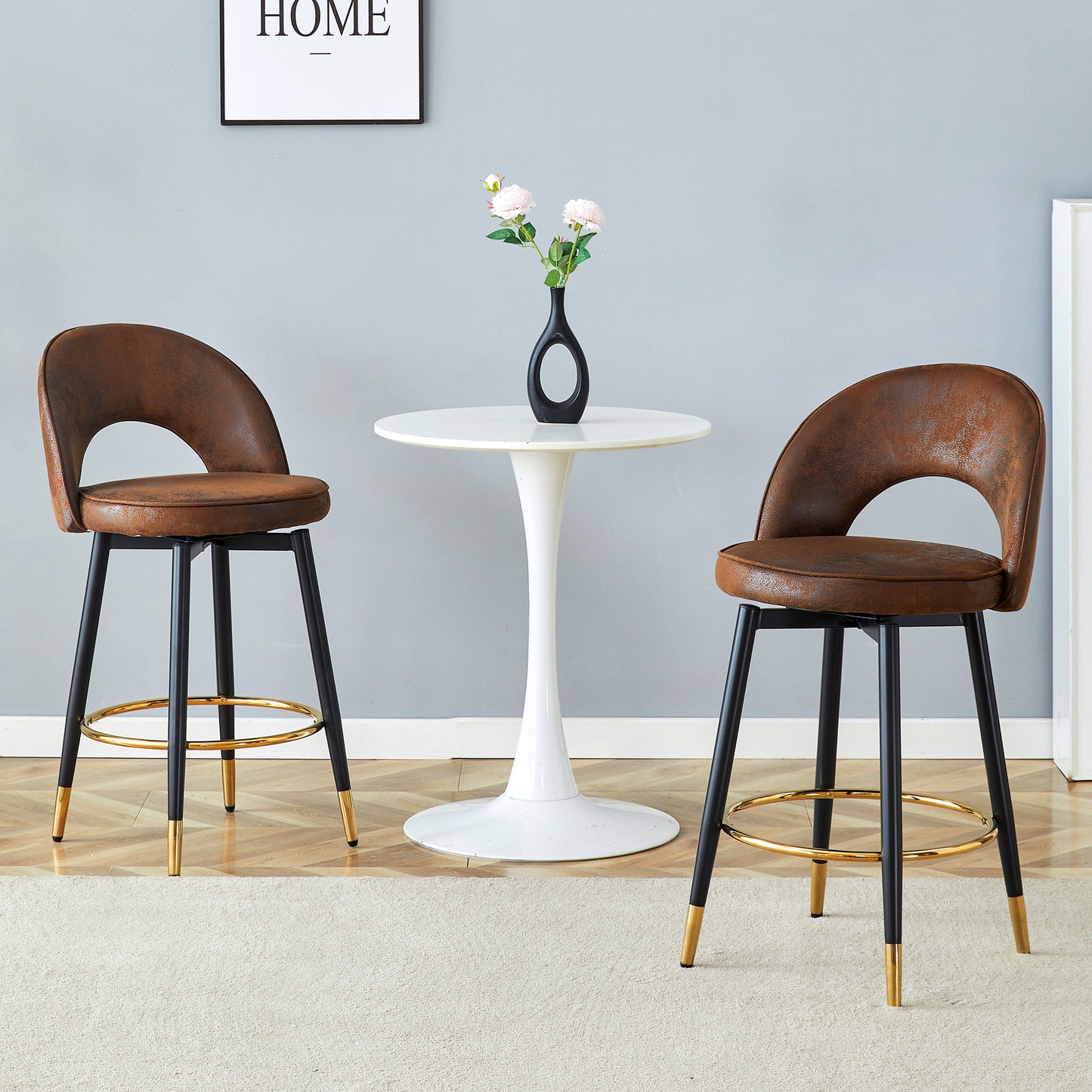 360 Rotatable Bar Chair.Overall Height 36 Inches.Modern Echnology-Fabric Brown Upholstered Bar Chair With Beautiful Black Metal Legs For Dining Room, Kitchen, Terrace And Guest Office Chair.Set Of 2.