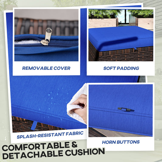 2 Piece Wicker Outdoor Ottomans With Cushions, Rattan Ottoman Footrest And Side Table For Patio, Yard, Poolside, Dark Blue