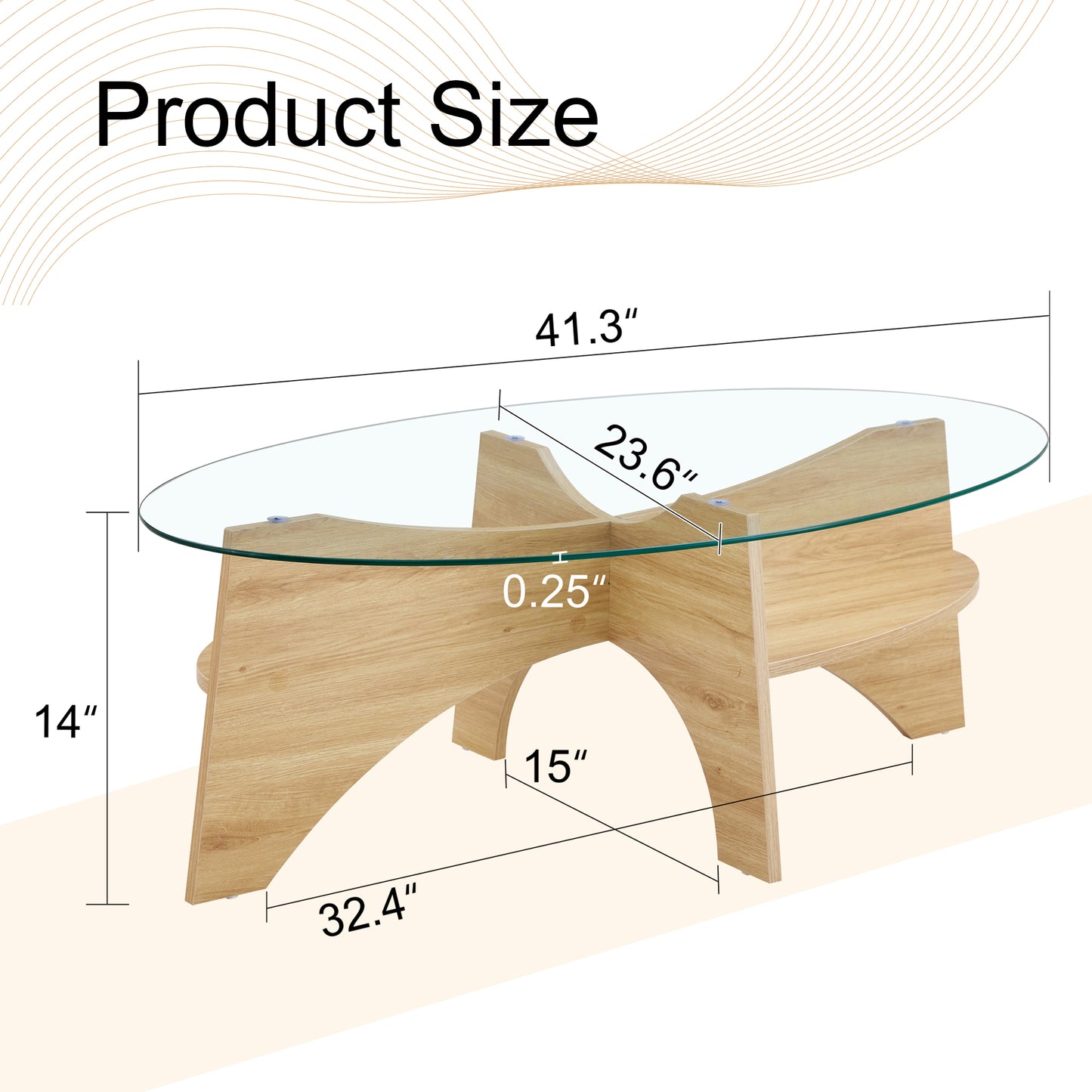 Oval Tempered Glass Coffee Table - 41.3inx23.6in Multi-Functional Design.Oval Tabletop.Natural Wood Color Diagonal Fan-shaped Tray Design Table Leg.Suitable For Dining Rooms, Living Rooms, Offices.