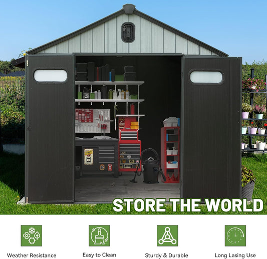 8X12FT Outdoor Resin Storage Shed, Waterproof Plastic Garden Shed With Lockable Door, Windows & Vents, Outside Tool Storage Shed For Patio Furniture, Lawn Mower, Bike