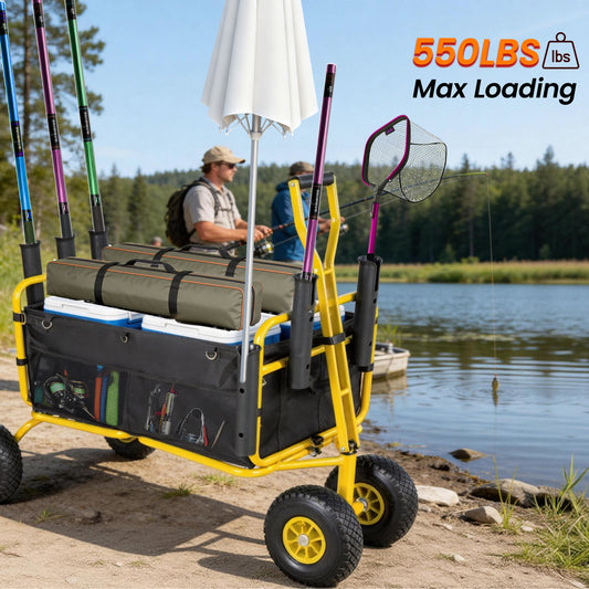 Fishing Cart Beach Cart Collapsible Wagon 9.85 All- Terrain Wheels For Sand Heavy Duty Garden Cart With Rod Holders Umbrella Holder And Storage Pockets 550lb Large Capacity Yellow Black