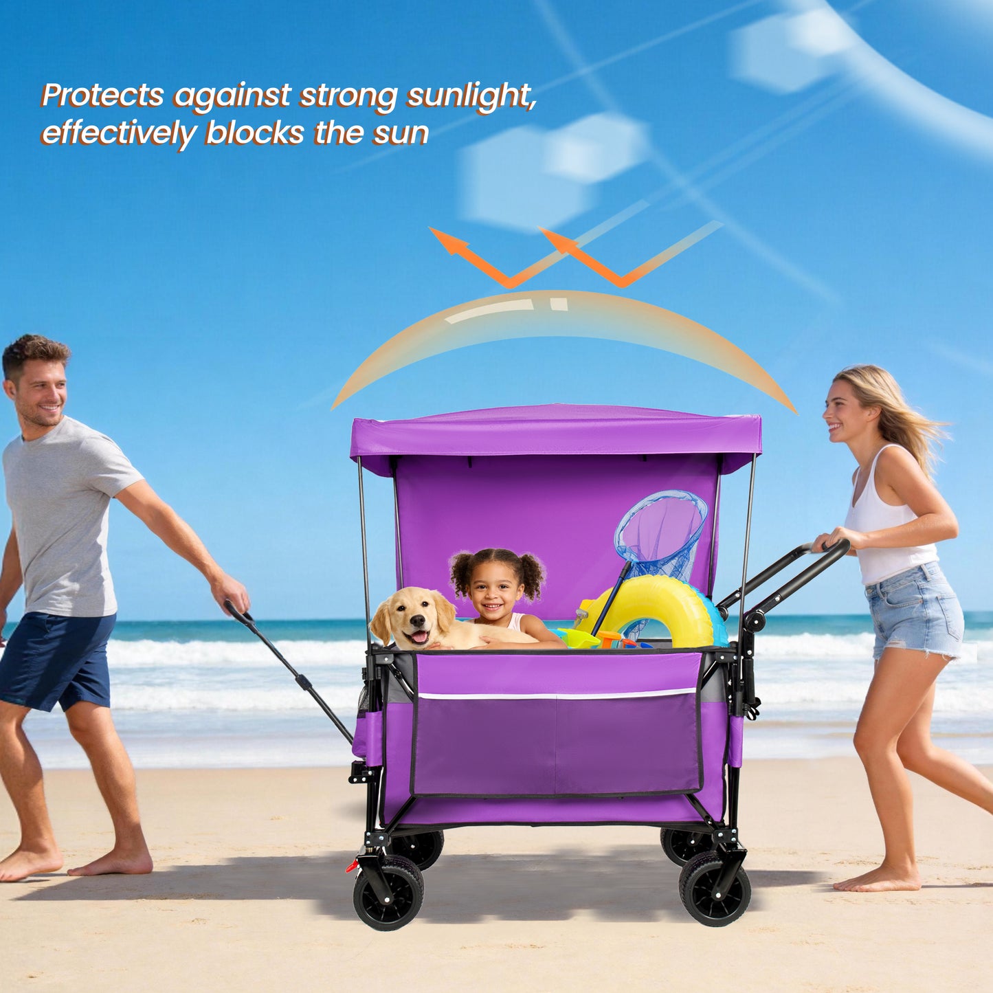 Multi-Functional Push-Pull Folding Wagon Cart With Rotating Handle & Canopy 7x4All- Terrain Wheels & Brakes Load Capacity 480lbs 300L Large Capacity For Transport Groceries Outdoor Use Purple
