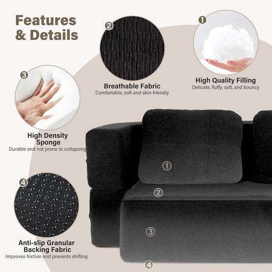 Convertible Sofa Bed With Blanket, Boneless Cloud Couch Queen Fabric For Living Room Bedroom, Modular Loveseat With High-Density Solid Sponge No Assembly,Grey.