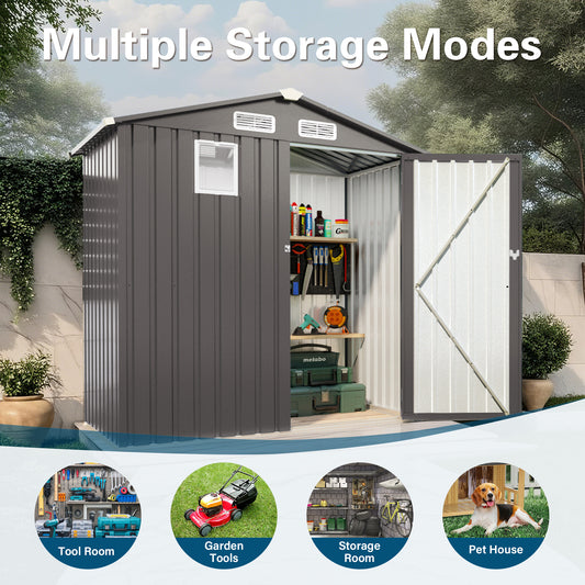 6X 3.6FT Metal Outdoor Storage Shed, Tool Shed With Peaked Roof Watertight With Clear Window And Lockable Door Compact Metal Tool Room For Garden, Backyard, Patio, Sundries And Bike Storage, Gray