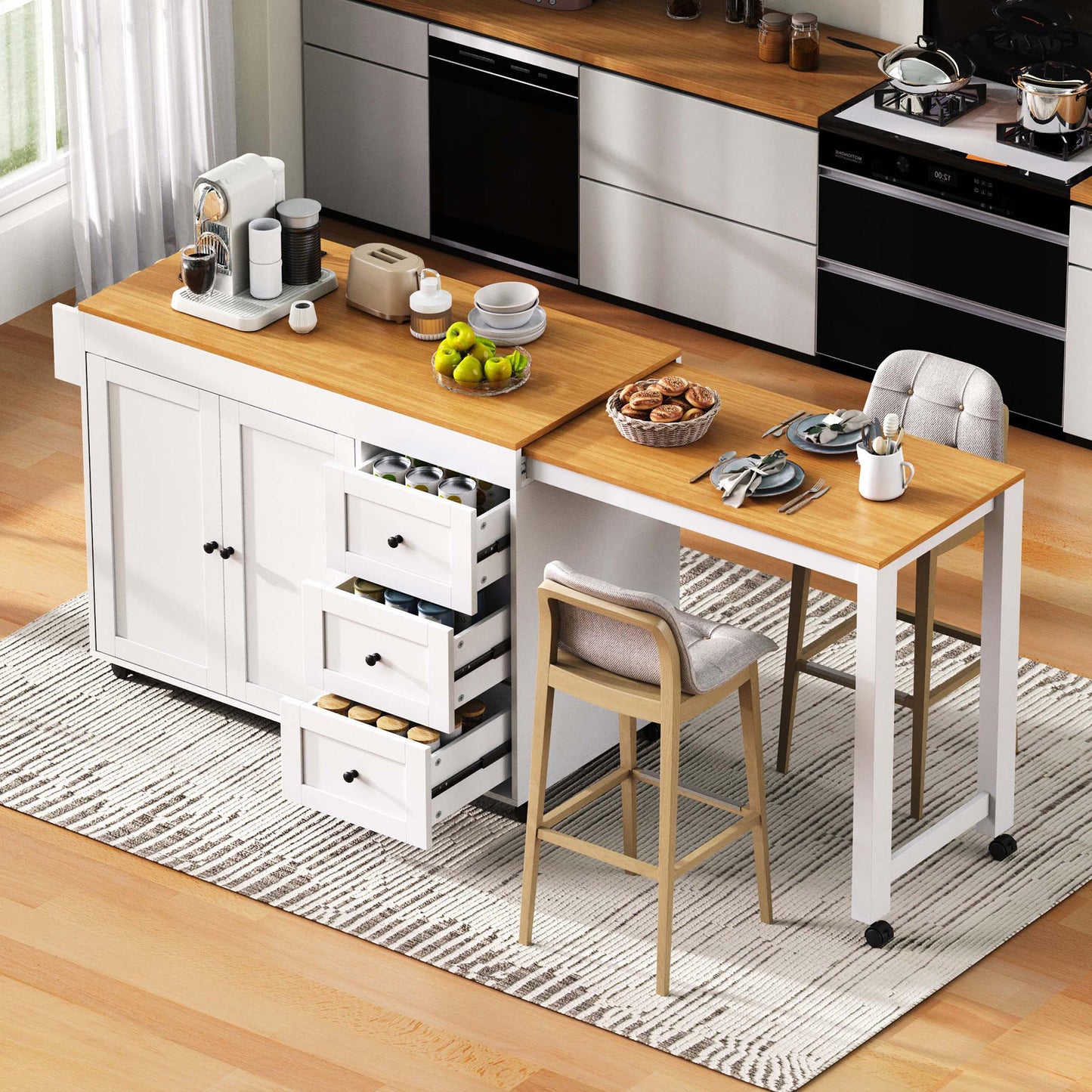 K&K 74.8 Kitchen Island With Extendable Dining Table, Kitchen Storage Cart With 3 Drawers, Power Outlet, Rolling Kitchen Island On Wheels With Spice Rack And 2 Door Cabinet, For Kitchen, White