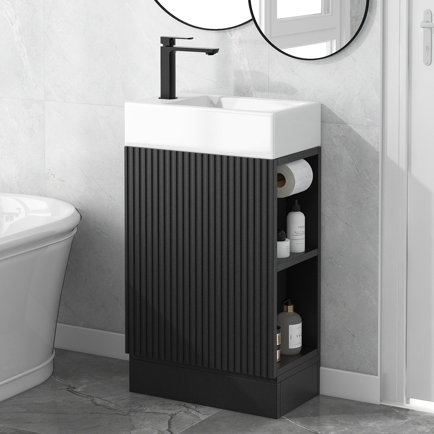 18.6 Bathroom Vanity With Sink, Bathroom Vanity Cabinet With Two-tier Shelf, Left Or Right Orientation, Black