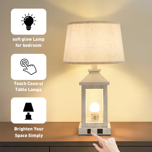 20.5 Set Of 2 Vintage Table Lamps For Living Room,Farmhouse Industrial Nightstand Lamp With USB C A Outlet,White Bedside Lamps For End Table With Nightlight Including Light Bulbs