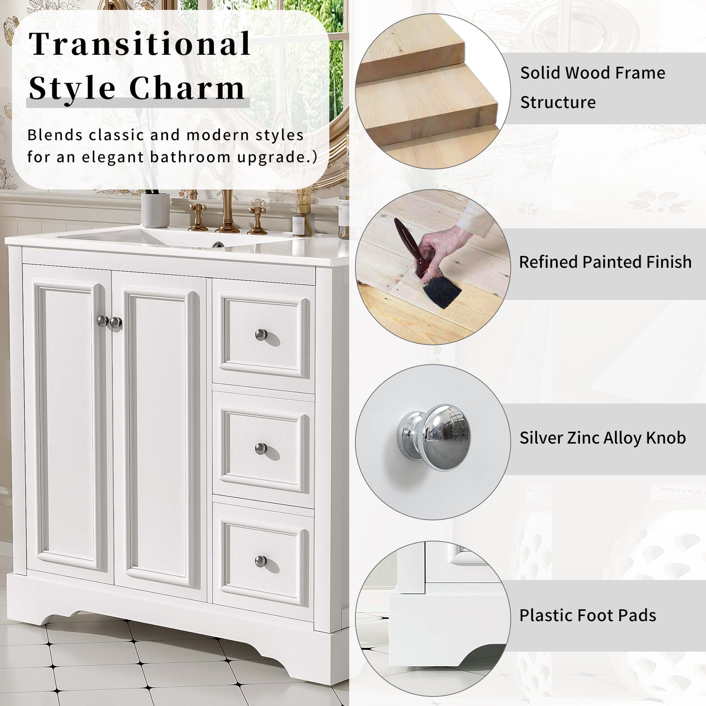36'' Transitional Bathroom Vanity With Ceramic Sink -Features 2 Soft-close Doors, An Adjustable U-shaped Shelf, 3 Drawers Including One With Divider , Painted Finish, And Ample Storage Space