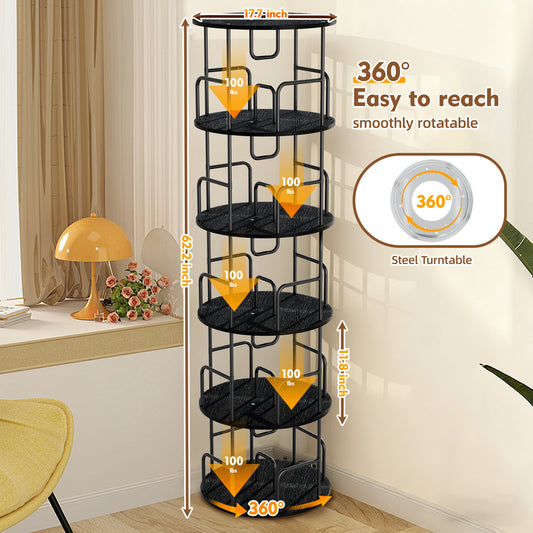 Rotating Bookshelf Tower 5 Tier Spinning Bookcase Revolving 360 Book Shelf Narrow Tall Bookcase Vertical Turning Round Storage Bookshelf Book Shelf Organizer For Bedroom Living Room Black