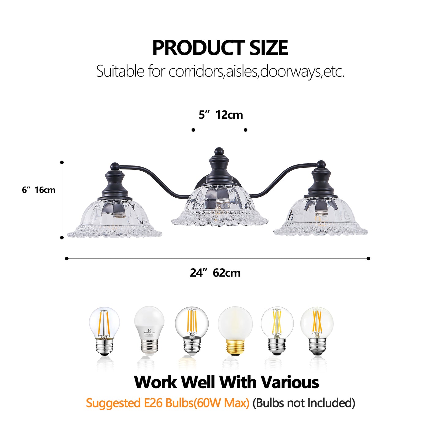 24 Inch 3-Light Vintage Bathroom Wall Sconce Elegant Black Metal And Glass Lampshade Vanity Light Fixture For Bathroom, Hallway, Or Bedroom Bulb Not Included