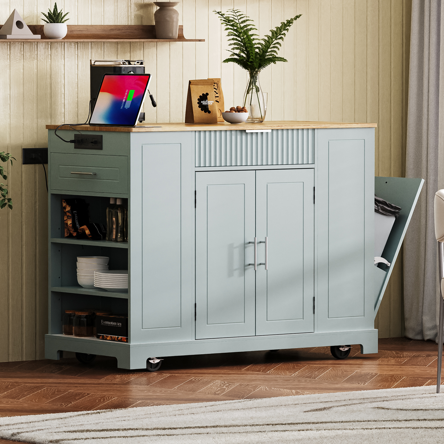 K&K Fluted Kitchen Island With Trash Can Storage Cabinet, Power Outlet, Internal Storage Rack, Rolling Kitchen Islands On 5 Wheels With 3 Drawer, 3 Open Side Racks For 10 Gallon Garbage Bin,Grey Blue