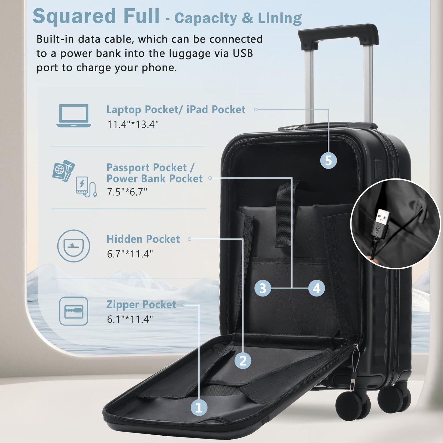 Front Opening Luggage Set 3 Piece, Hardside Carry On Suitcase With USB Port, Expandable Luggage With Handle Bag Spinner Wheels TSA Lock