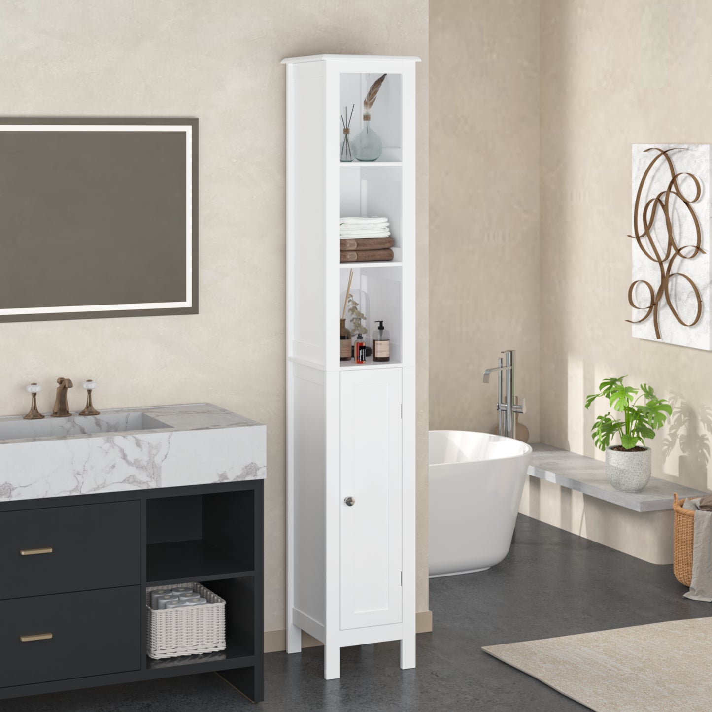 66.92 Tall Bathroom Storage Cabinet With Adjustable Shelves,Slim 1 Doors Freestanding Cabinet With Anti-Tip, Open Compartments, For Home, Small Spaces, Bathroom,Kitchen, Living Room, White