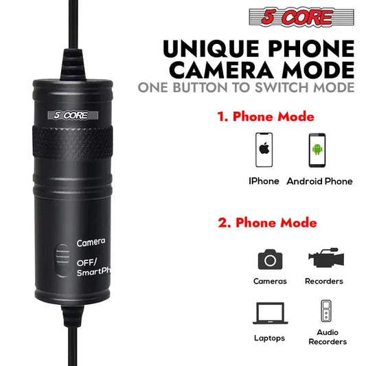 5 Core Professional Omnidirectional Lavalier Microphone 3.5mm Clip-On Lapel Mic For Smartphone DSLR Camera PC Interview Video Camcorders Audio Recorder Cm 001