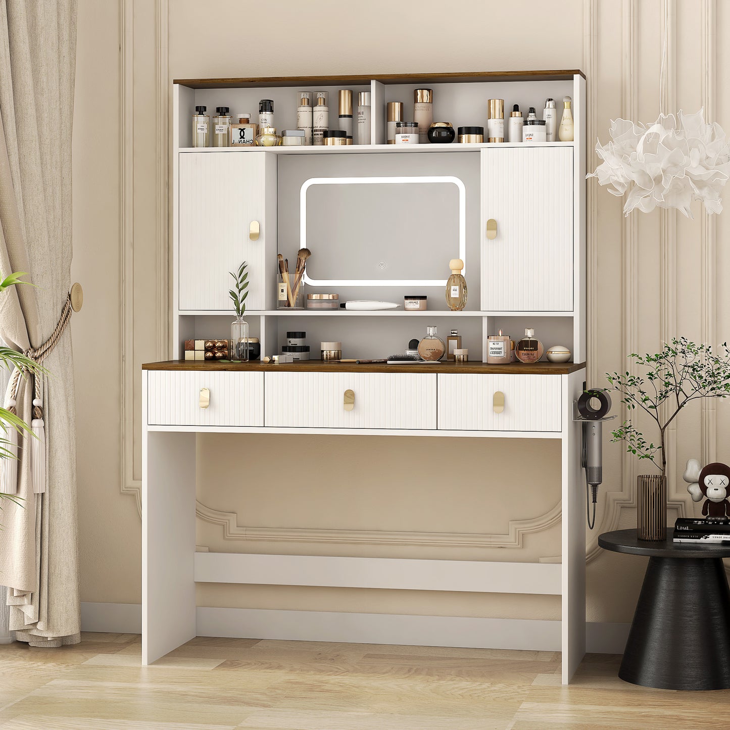 Farmhouse Dressing Table Makeup Table, 43 Wide Dressing Table With Lighted Mirror And Makeup Drawer, Large Modern Dressing Table Set With Hair Dryer Holder For Bedroom, White