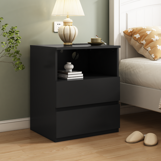 Set Of 2 End Table With Fast USB C Charging Station, Sofa Side Table With 2 Drawers, Large Storage Modern Wood Storage Cabinet For Living Room,Bedroom,Office, Black