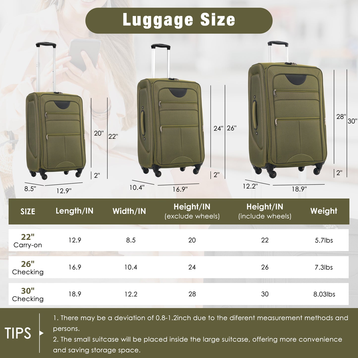 Softside Luggage Expandable 3 Piece Set Suitcase With Duffel Bag Upright Spinner Softshell Lightweight Luggage Travel Set-22 26 30 IN