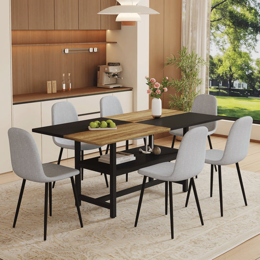 Table And Chair Set.71x35.4 Inch Wooden And Black Spliced Dining Table With Storage Function In The Middle Of The Table Legs.Paired With 6 Light Gray Linen Fabric Chairs.