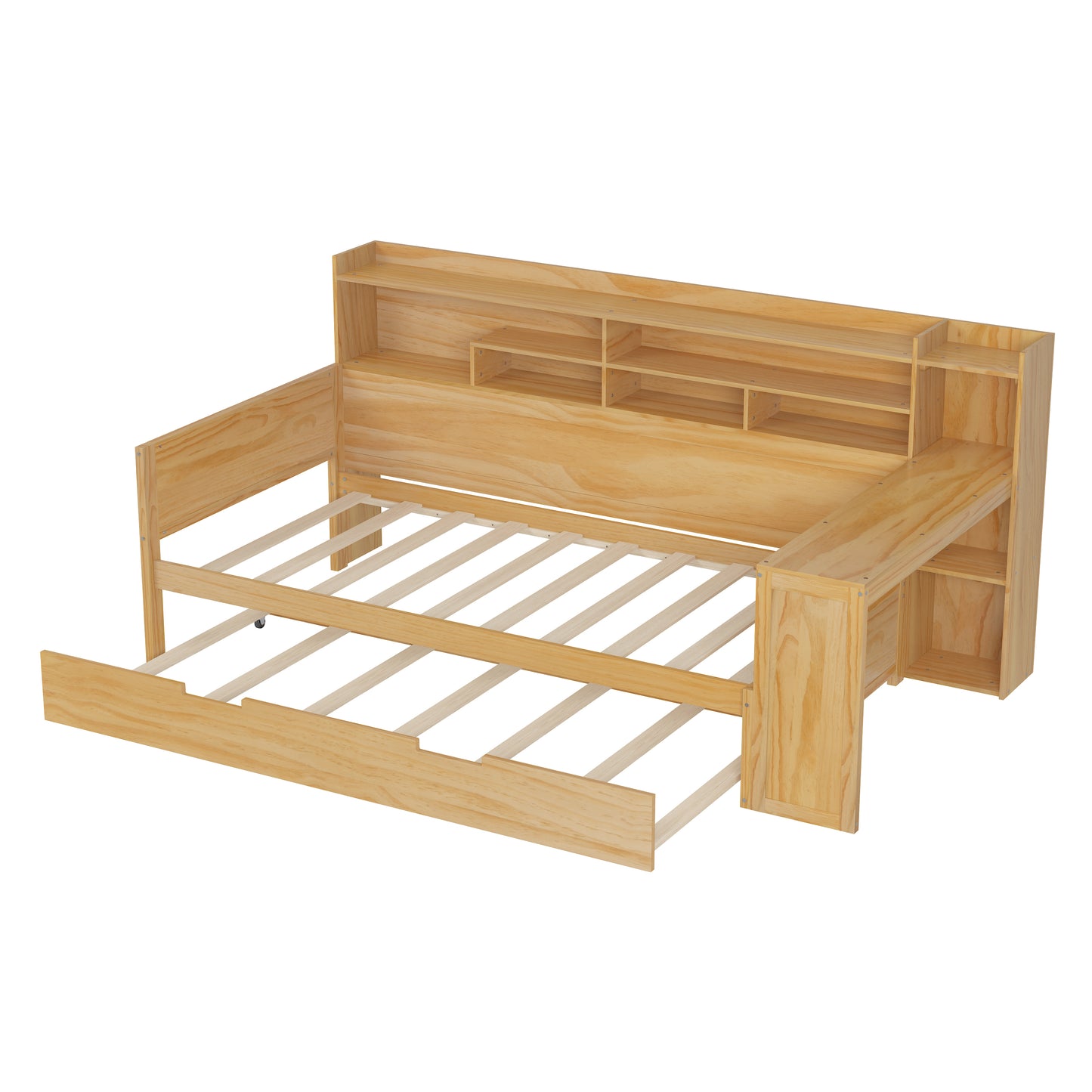 Wooden Twin Size Daybed With Storage Shelves, Multi-functional Bed With Twin Size Trundle Bed And Study Desk, Natural