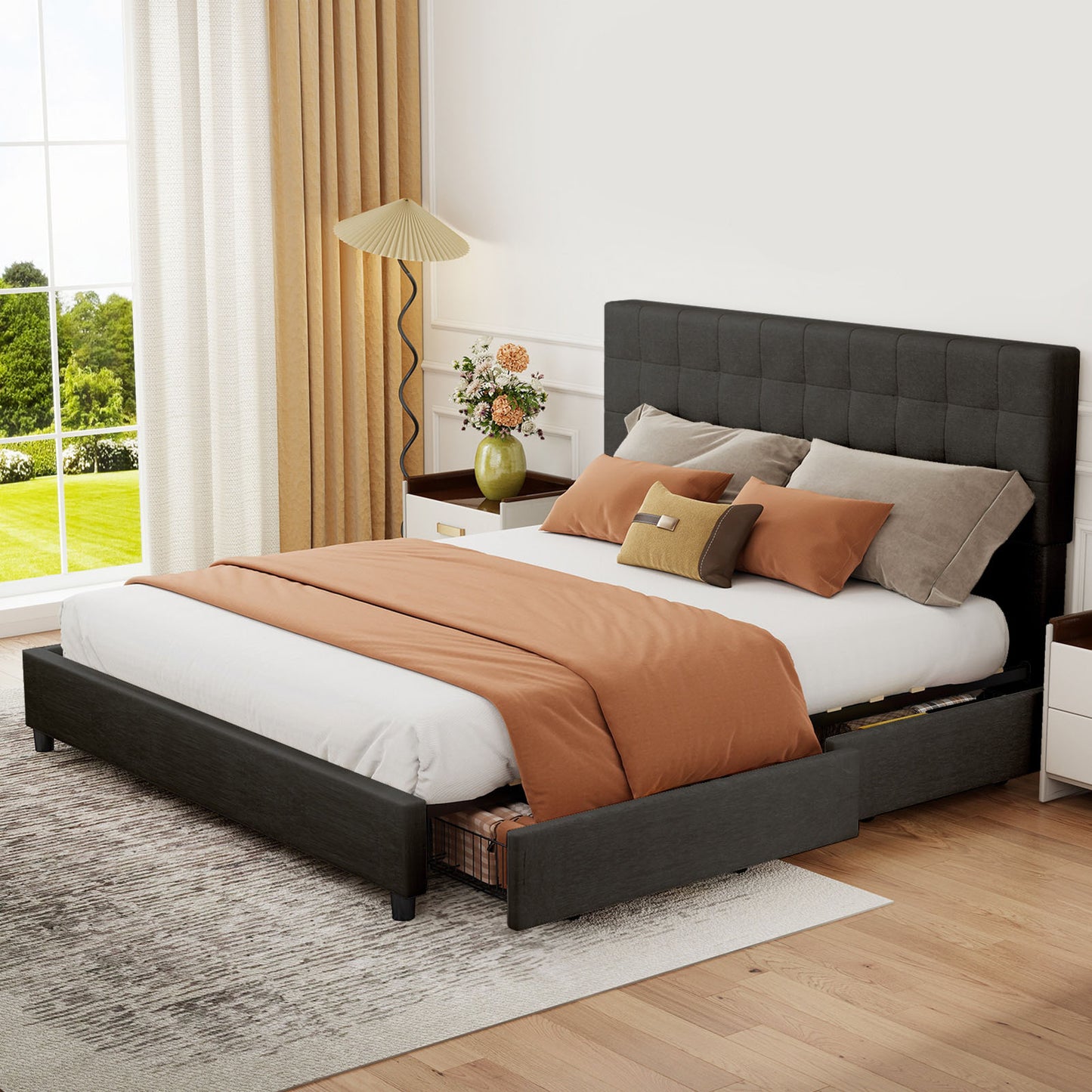King Size Bed Frame Upholstered Vertical Channel Headboard Bed Frame With 4 Storage Drawers Wood Slats No Box Spring Needed Easy Assembly For Bedroom
