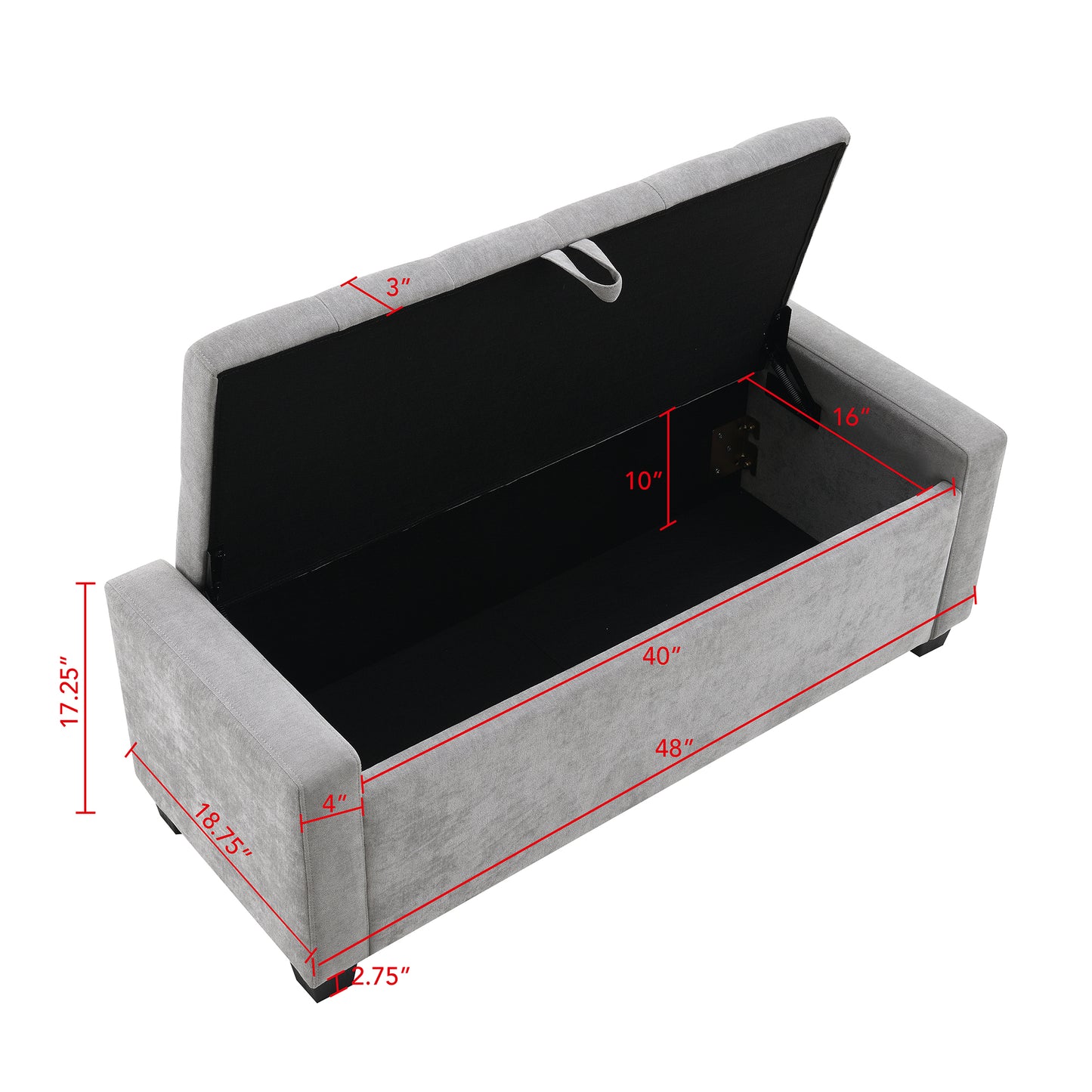 48 Ottoman With Storage, Storage Ottoman Bench With Safety Hinge, Upholstered Entryway Bench With Seating For Bedroom, Living Room, Hold Up To 350 Lb, Light Grey