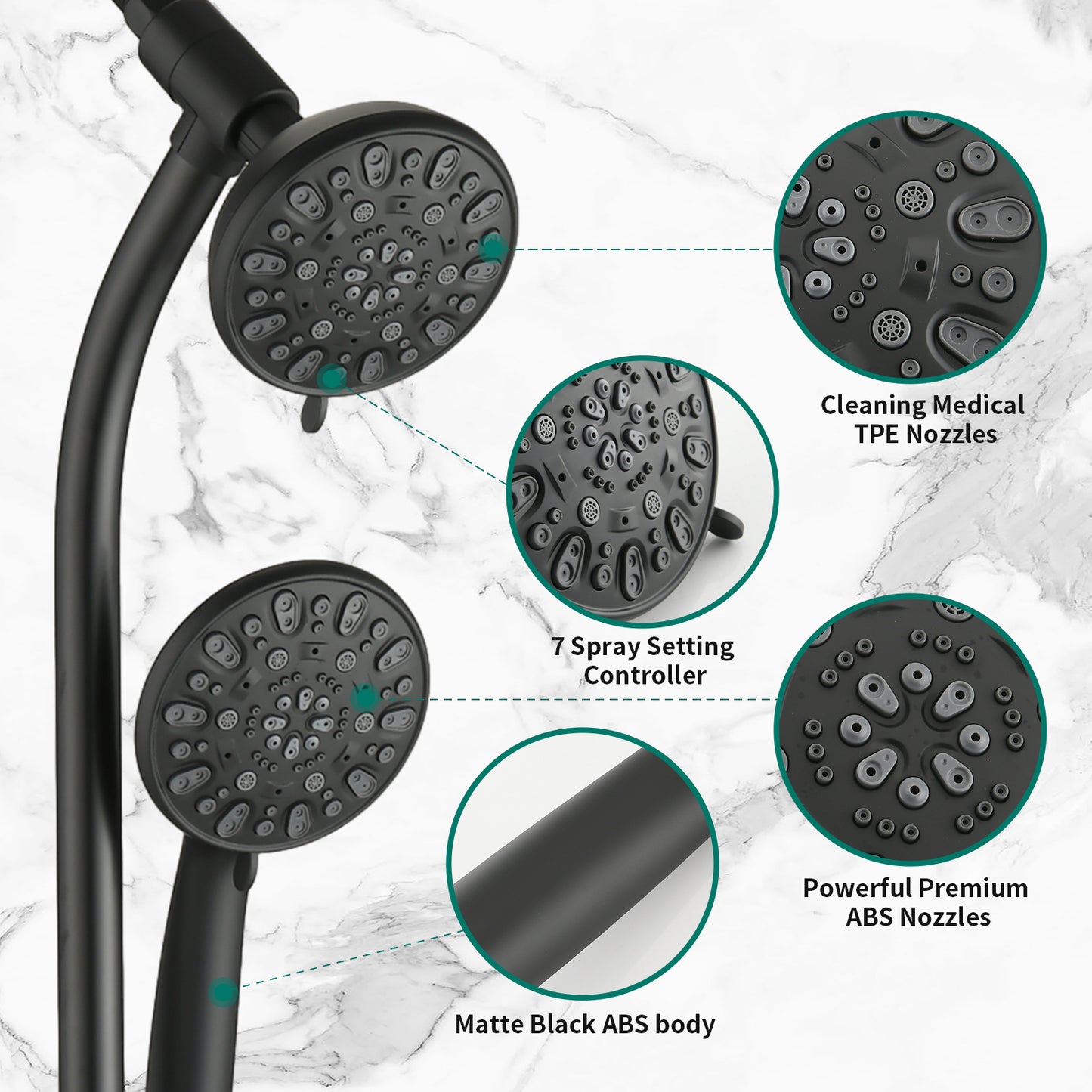 Drill-Free Stainless Steel Slide Bar Combo Rain Showerhead 7-Setting Hand, Dual Shower Head Spa System With Tup Spout Rough-in Valve Included