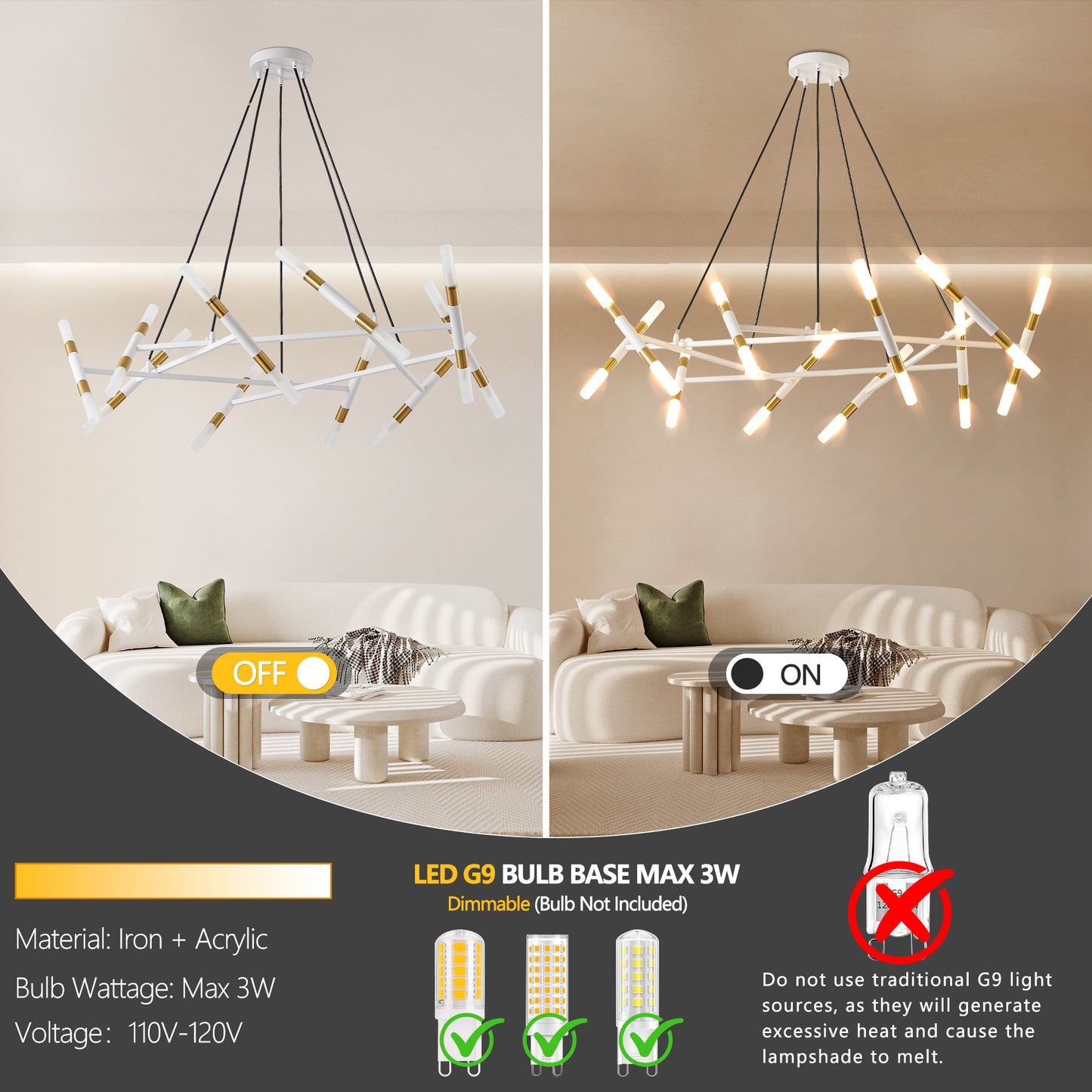 41 White & Golden Modern Chandelier Light Fixture, Branch Design With Frosted Tubes, Black Cords, Adjustable Height Pendant Light For Dining Room, Living Room, Or Kitchen Island Bulb Not Included