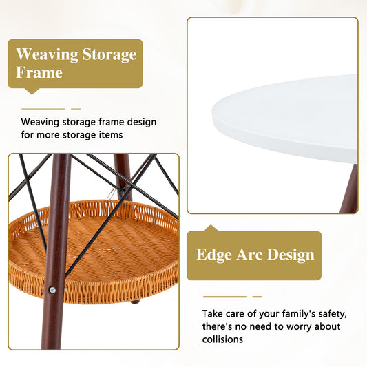 31.5-inch Diameter Circular Dining Table, White MDF Vacuum Formed Tabletop, Walnut Solid Wood Legs, With Suspended Woven Storage Basket Structure. A Casual Coffee Table Suitable For 2-4 People.