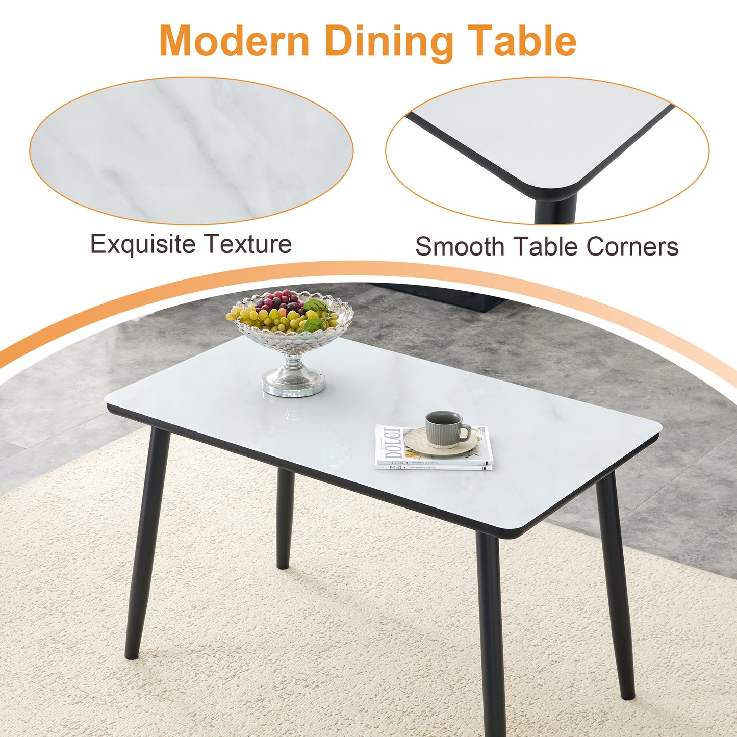 Modern Minimalist Rectangular Dining Table,suitable For 4-6 People.Tempered Glass Countertop Lower MDF Board,imitation Marble Texture,black Metal Tapered Legs.Suitable For Minimalist Restaurants