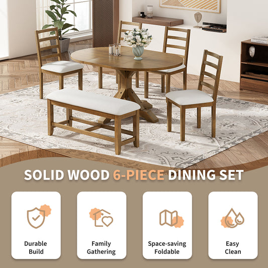 TOPMAX Farmhouse 6-Piece 60inch Extendable Pedestal Dining Table Set With 18inch Removable Leaf, 44inch Bench And 4 Ladder Back Dining Chairs, Dark Brown Beige OLD