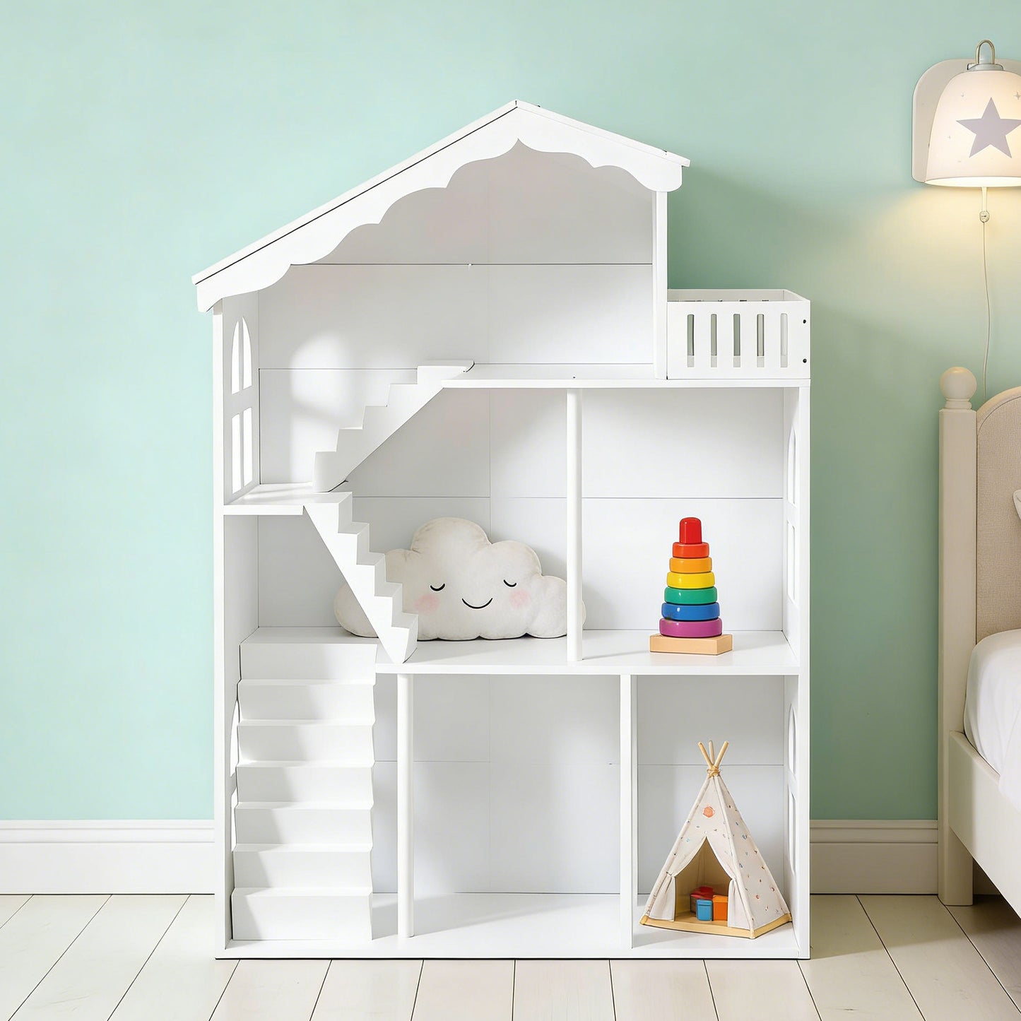 Kids Dollhouse Bookshelf 3 Tier Open Design Wooden Toy House Bookcase For Children Aged 3 And Above