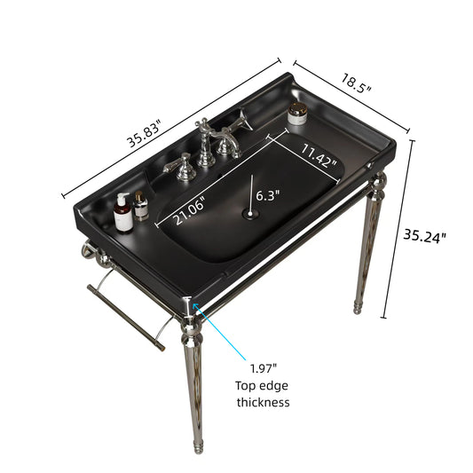 VICI 36 Bathroom Console Sink, Wall-Mounted Black Ceramic Vanity Basin With 3 Pre-drilled Faucet Holes, Freestanding Stainless Steel Support Legs With Towel Bar, No Faucet & Sink Cover, Chrome Color